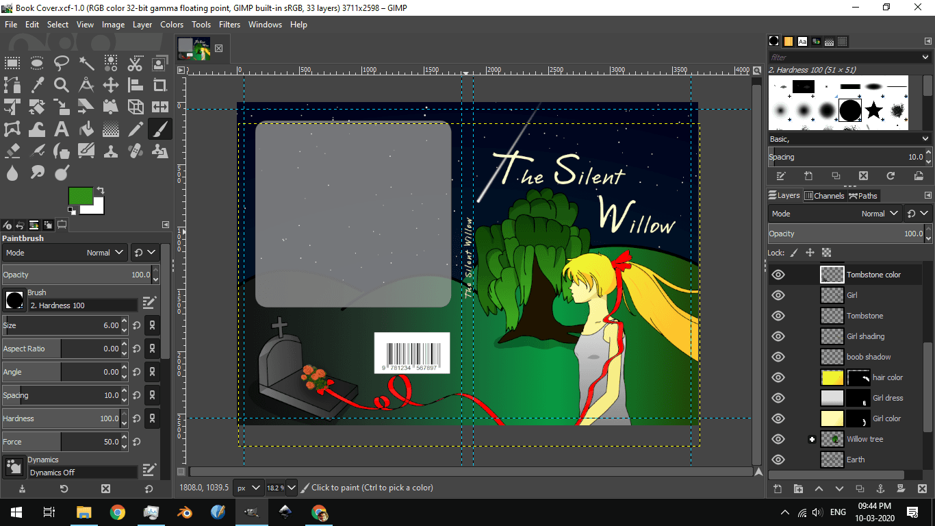 Book cover showing a girl under a willow tree by a grave at night