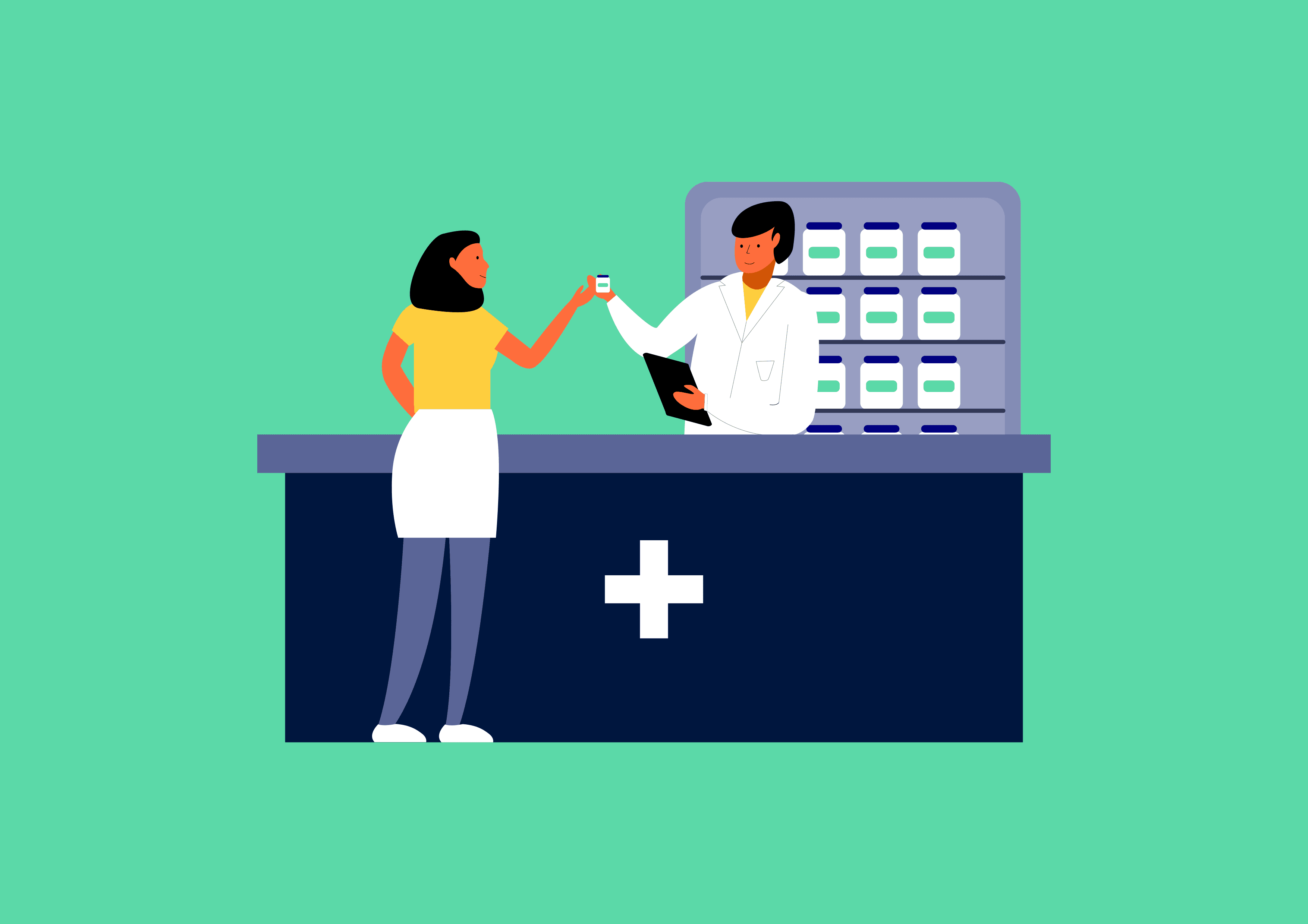 Flat illustration of a pharmacy scene