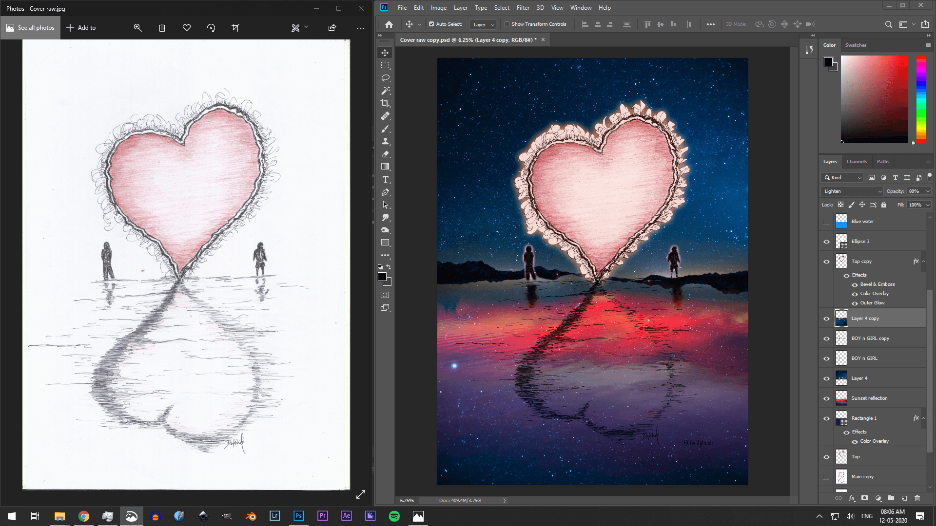 Surreal dreamscape composition with floating islands, created from a pencil sketch